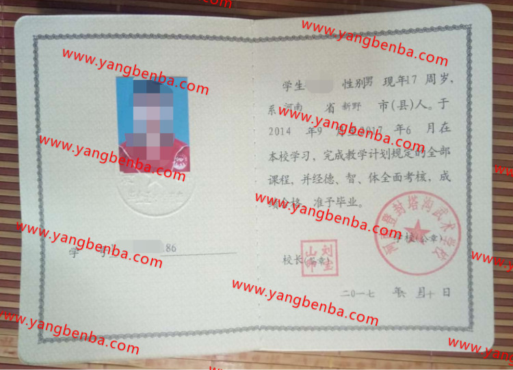 河南登封塔沟武术学校高中毕业证样本