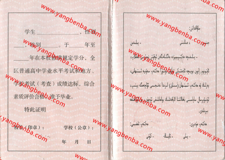 新疆省高中毕业证样本内页2