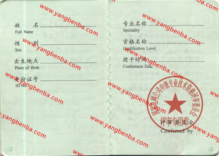 国家电网公司专业资格证书样本内页4