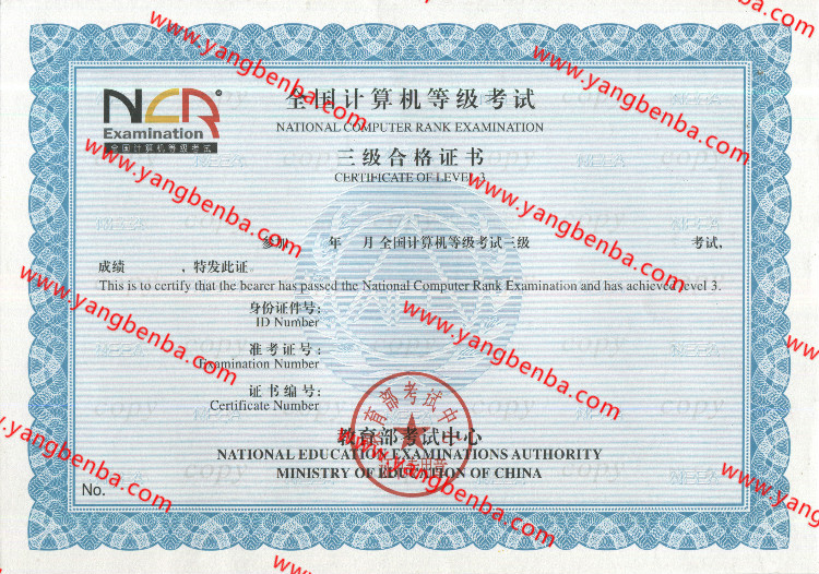 新版三级计算机等级证书样本