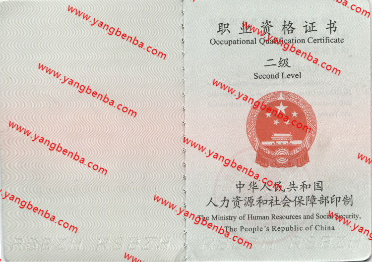 二级职业资格证书样本内页