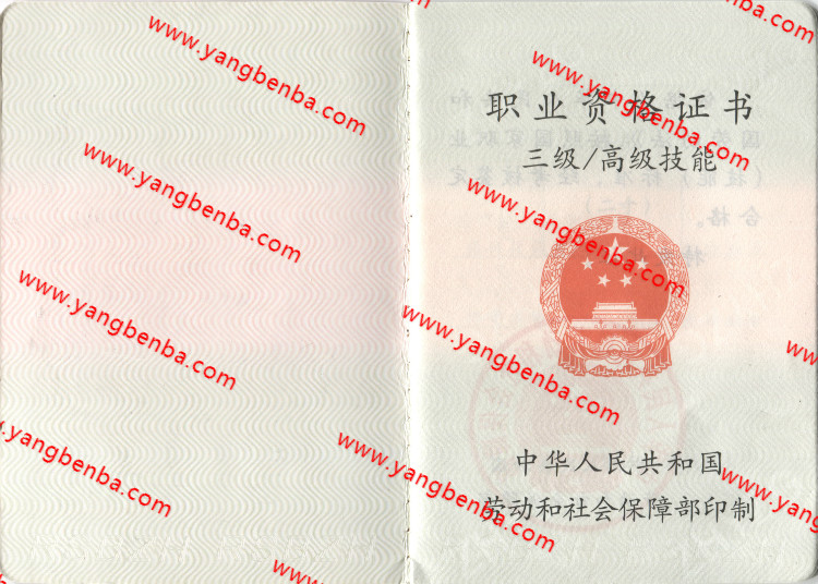 三级职业资格证书样本内页