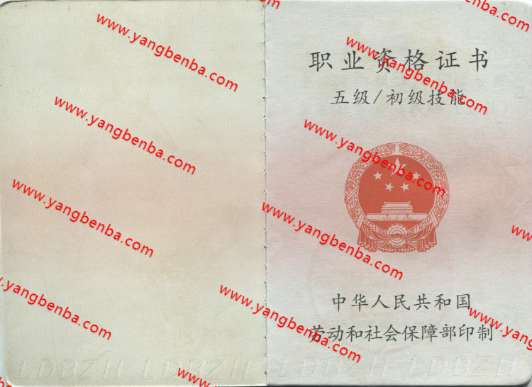 五级职业资格证书样本内页