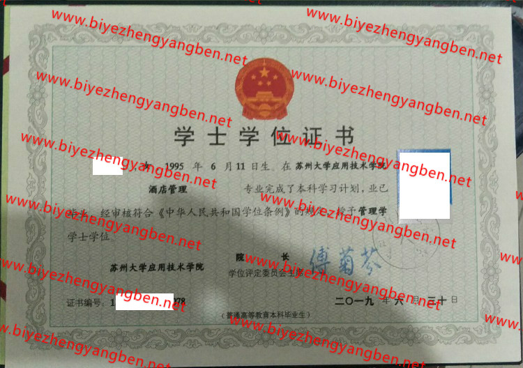 2019年苏州大学应用技术学院学士学位证书样本