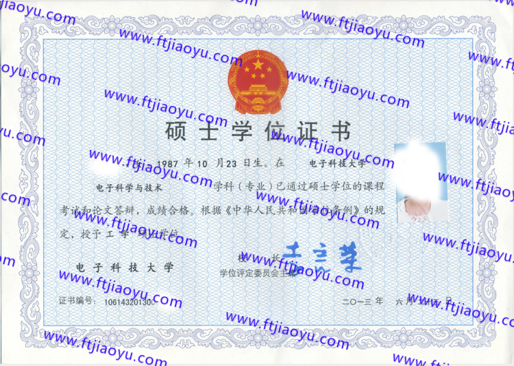 电子科技大学2013年硕士学位证书