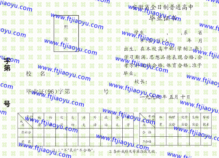 1996年安徽省高中毕业证样本