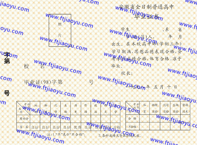 1998年安徽省高中毕业证样本