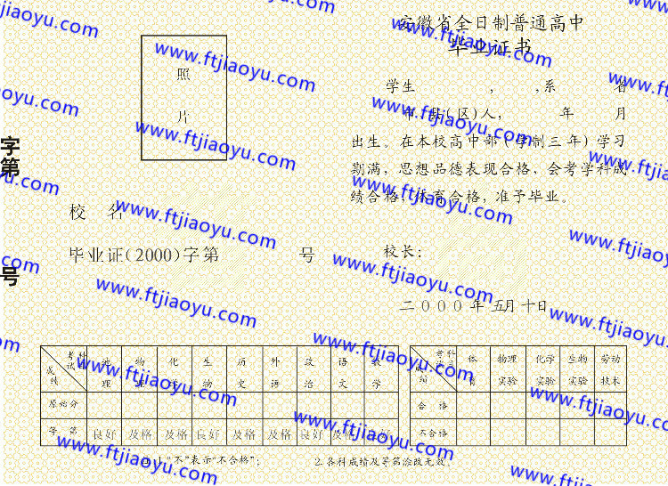 2000年安徽省高中毕业证样本