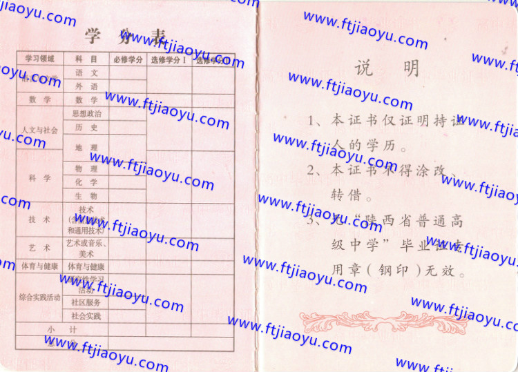 陕西省高中毕业证样本