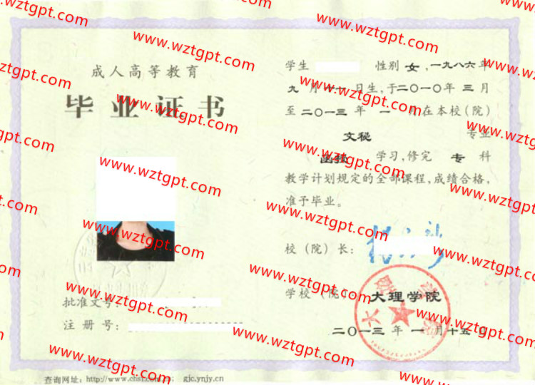 大理学院毕业证样本