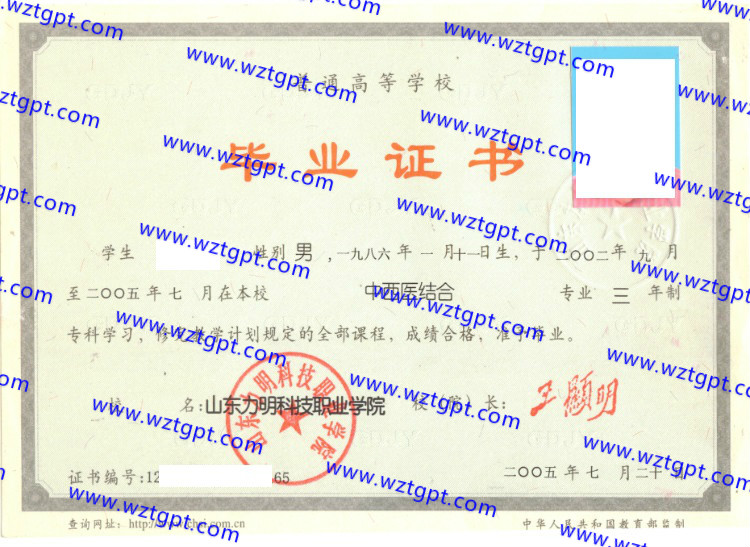 山东力明科技职业学院毕业证样本