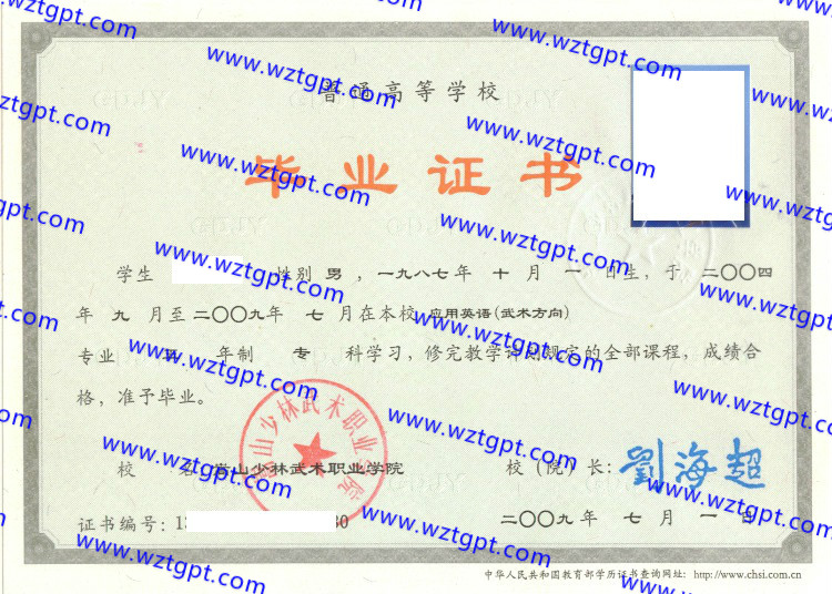 嵩山少林武术职业学院毕业证样本