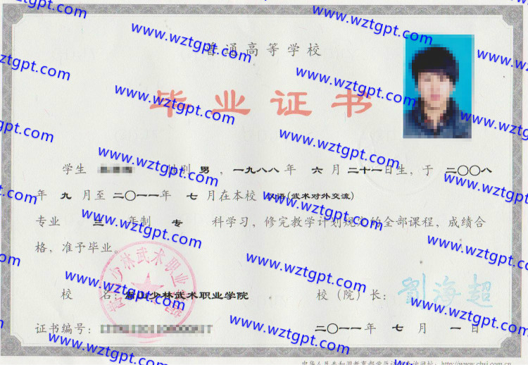 嵩山少林武术职业学院毕业证样本