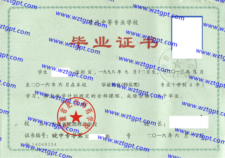 安徽省肥西师范学校中专毕业证样本