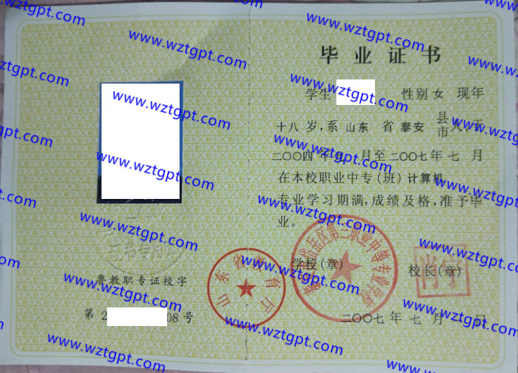 泰安市岱岳区第三职业中等专业学校中专毕业证样本