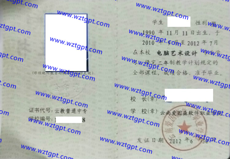 云南爱因森软件职业学院中专毕业证样本