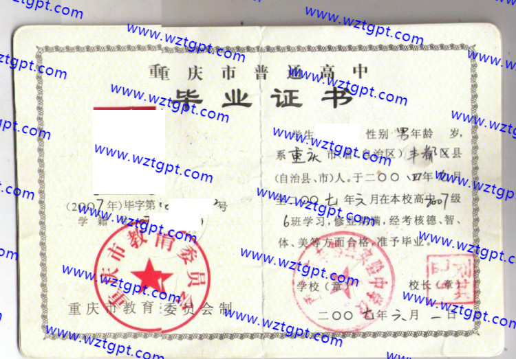 重庆市丰都实验中学校高中毕业证样本