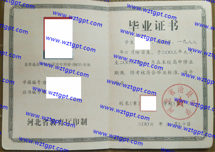 河北省沧县中学高中毕业证样本