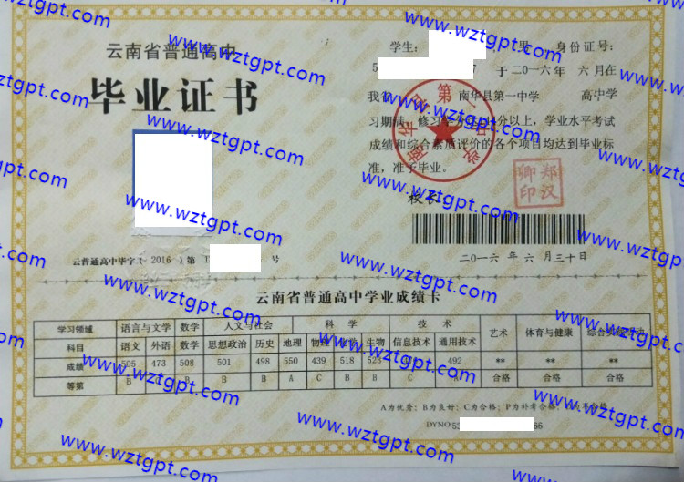 南华县第一中学高中毕业证样本