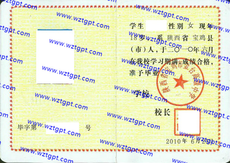 陕西省宝鸡市金台高级中学高中毕业证样本