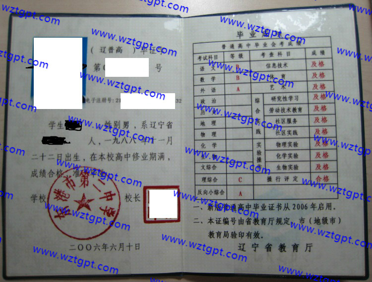 东港市第二中学高中毕业证样本