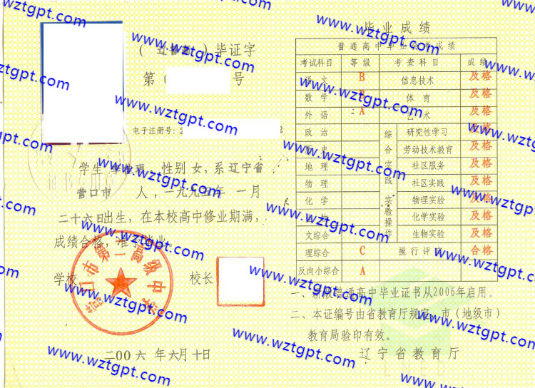 营口市第二高级中学高中毕业证样本