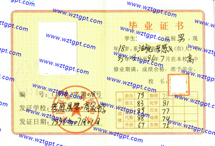 孝感县第一高级中学高中毕业证样本