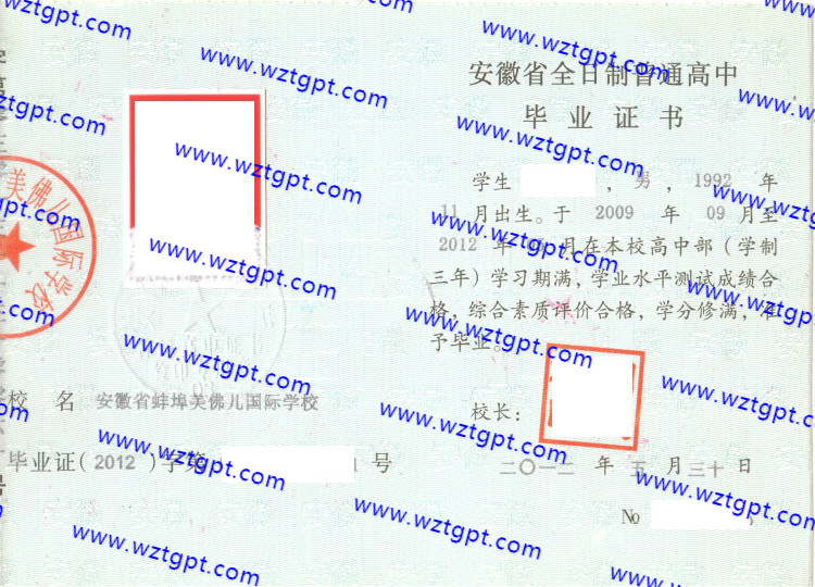 安徽省蚌埠美佛儿国际学校高中毕业证样本