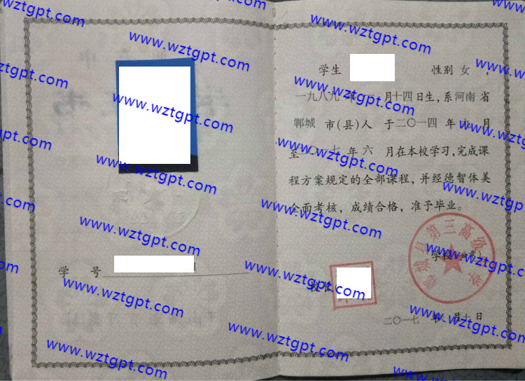 郸城县第三高级中学高中毕业证样本