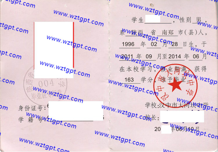 汉中市大河坎中学高中毕业证样本
