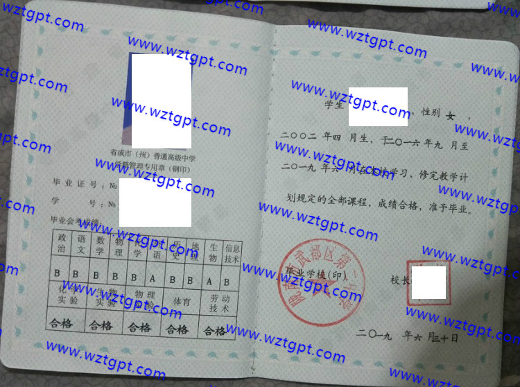 陇南市武都区第二中学高中毕业证样本