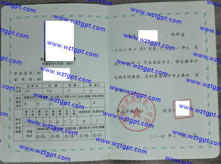 陇南市武都区第二中学高中毕业证样本