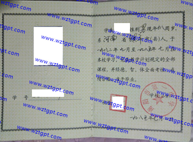 南阳市第一中学高中毕业证样本