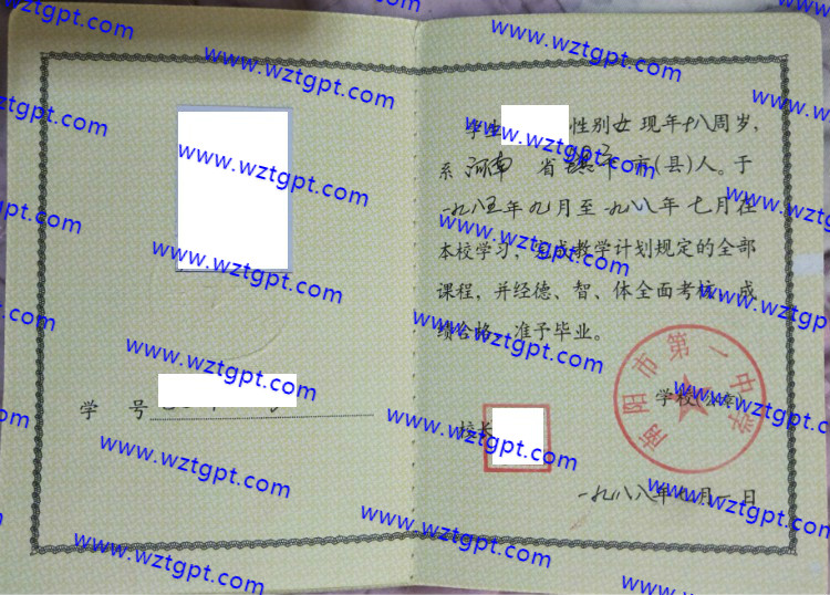 南阳市第一中学高中毕业证样本