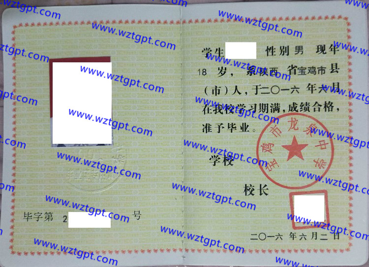 宝鸡市龙泉中学高中毕业证样本