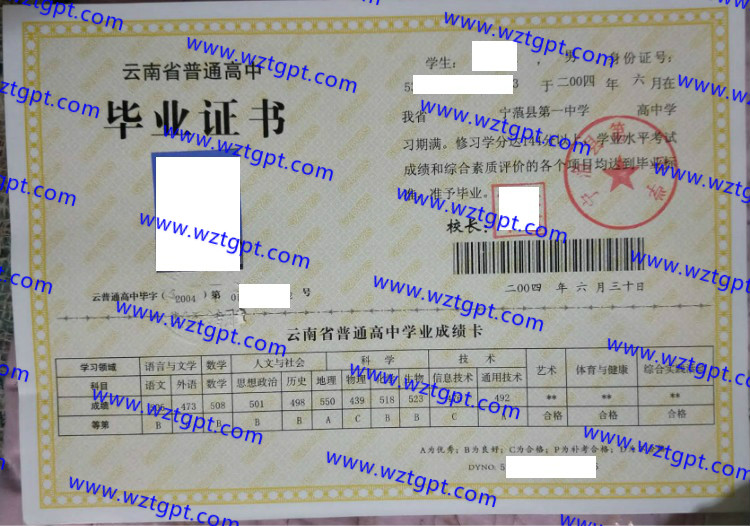 宁蒗县第一中学高中毕业证样本