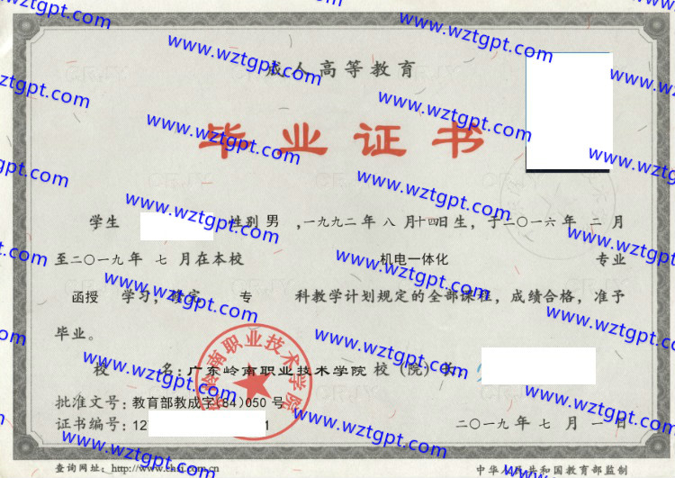 广东岭南职业技术学院毕业证样本
