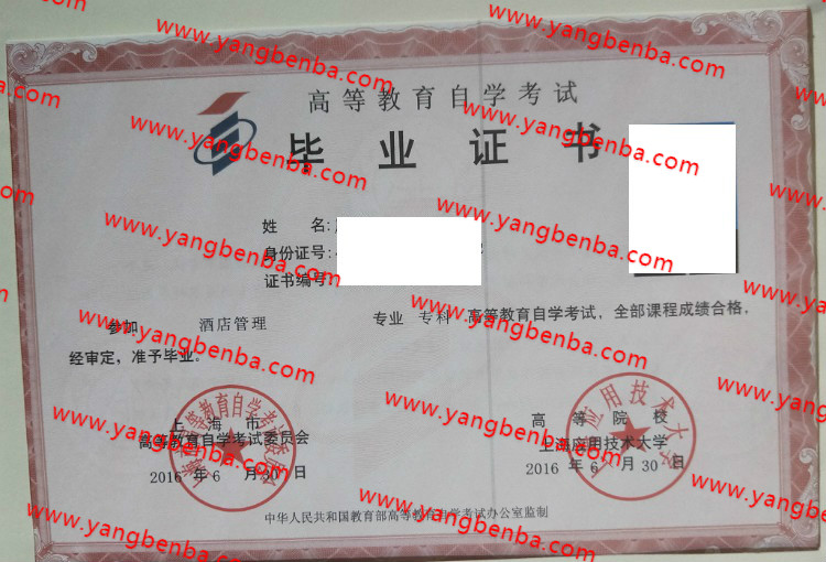上海应用技术大学自考毕业证样本