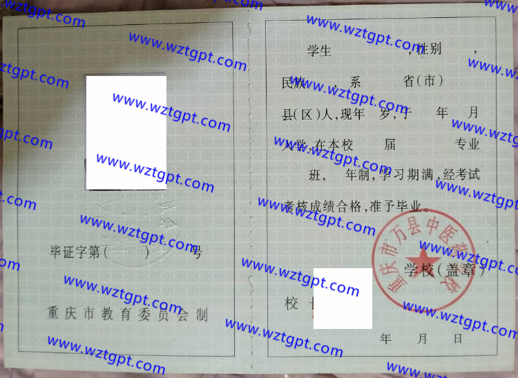 重庆市万县中医药学校中专毕业证样本