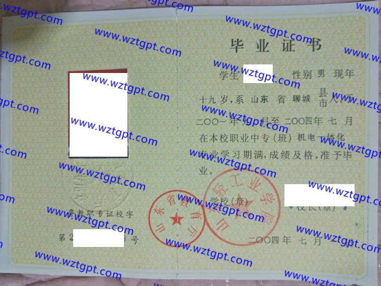 山东轻工业学院中专毕业证样本