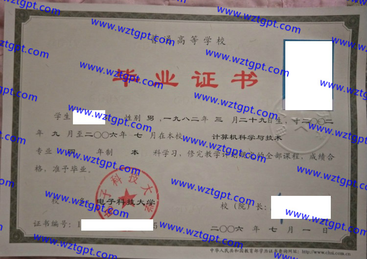 电子科技大学毕业证样本