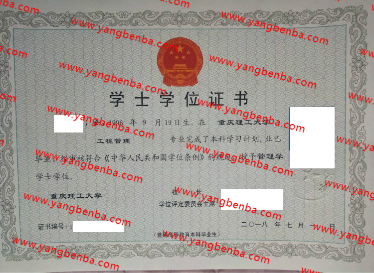 重庆理工大学学士学位证书样本