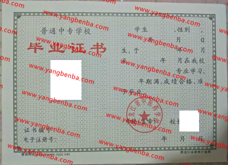 黑龙江省中医药学校中专毕业证样本