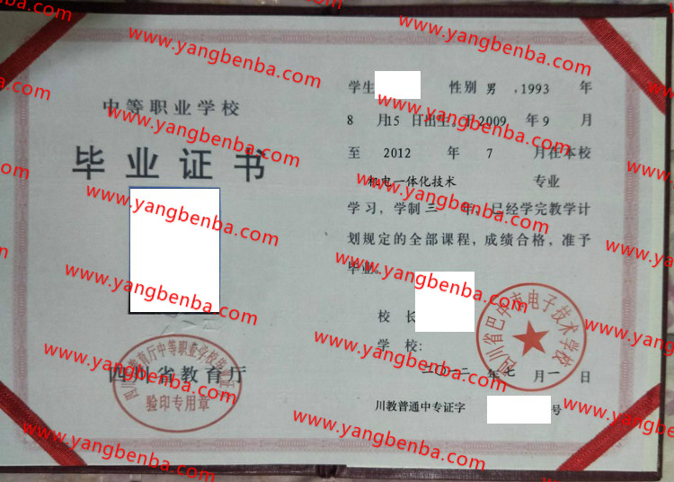 四川省巴中市电子技术学校中专毕业证样本