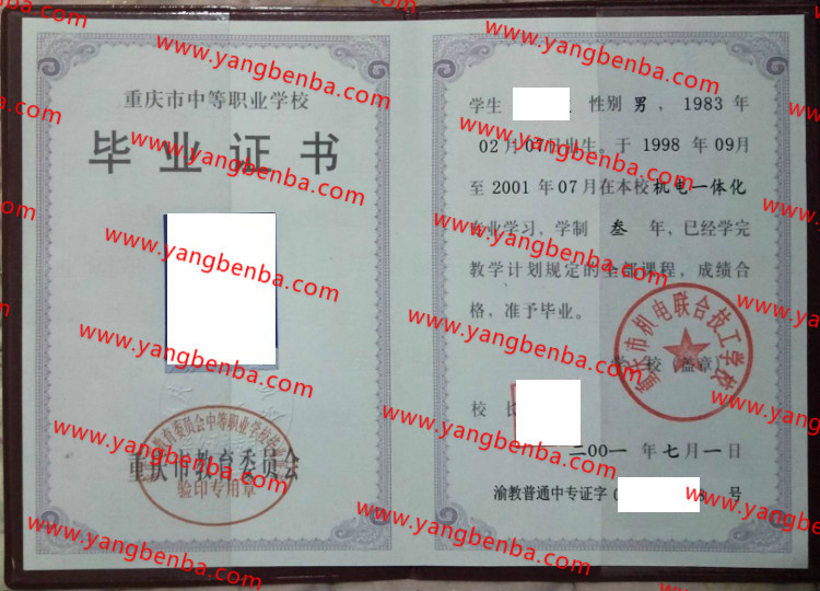 重庆市机电联合技工学校中专毕业证样本