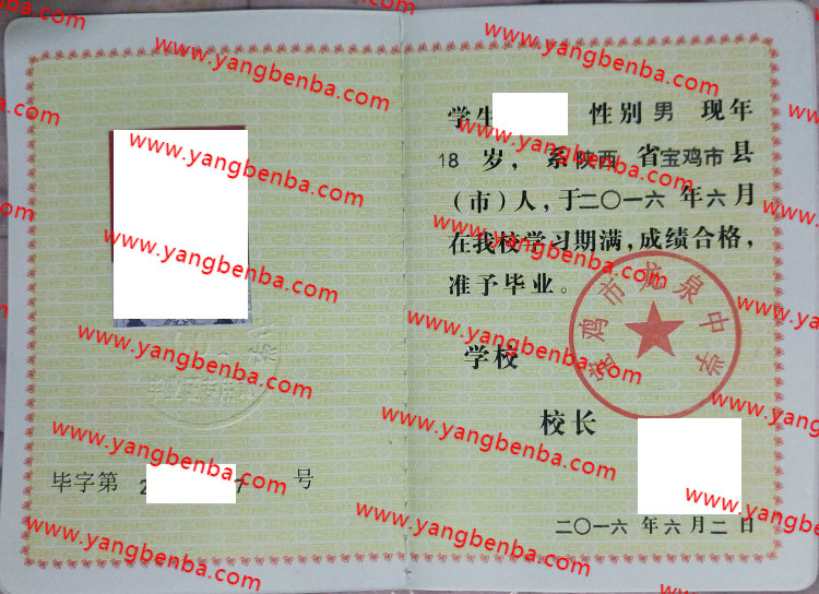 宝鸡市龙泉中学高中毕业证样本