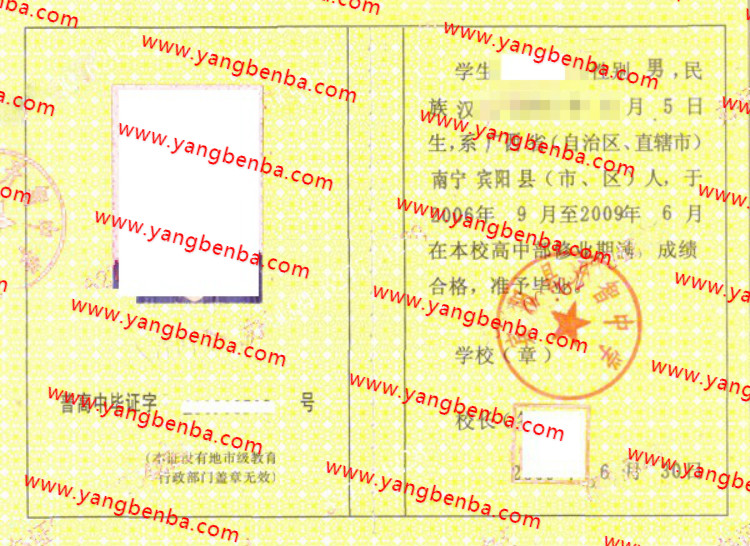 宾阳县开智中学高中毕业证样本