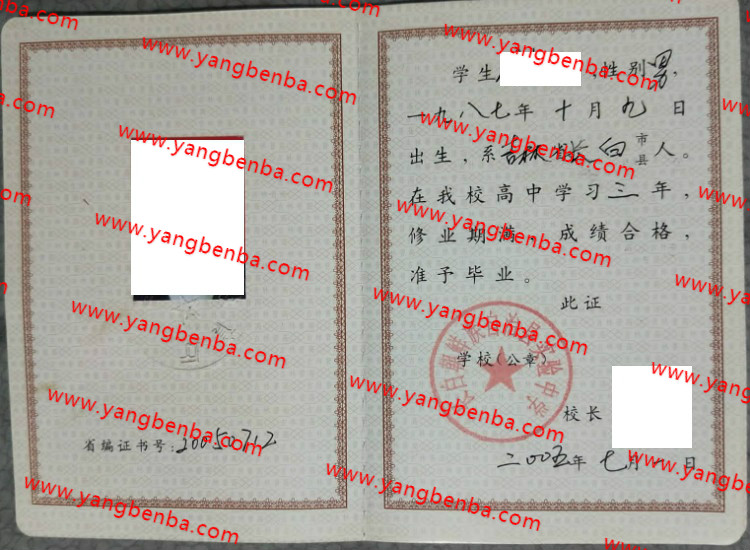 长白朝鲜族自治县实验中学高中毕业证样本