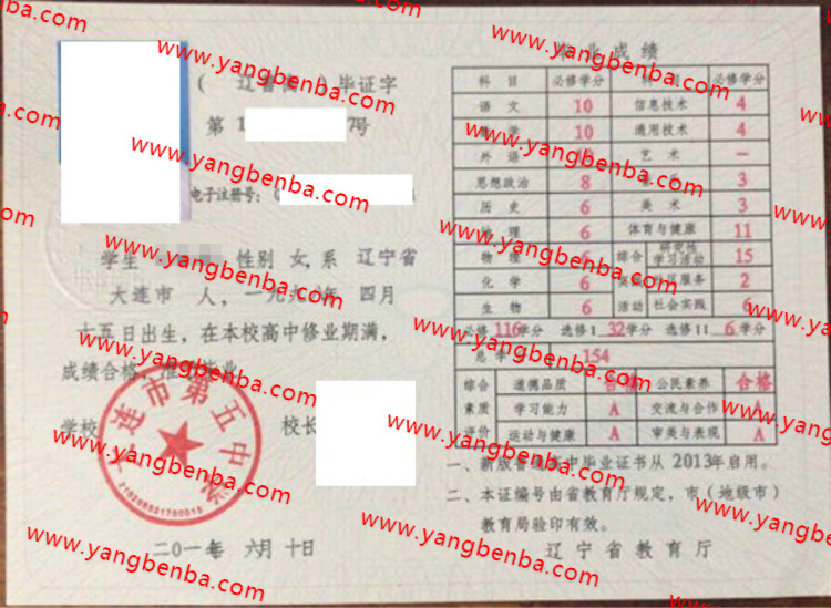 大连市第五中学高中毕业证样本