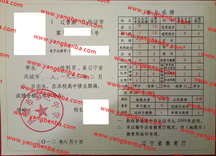 凤城市第二中学高中毕业证样本